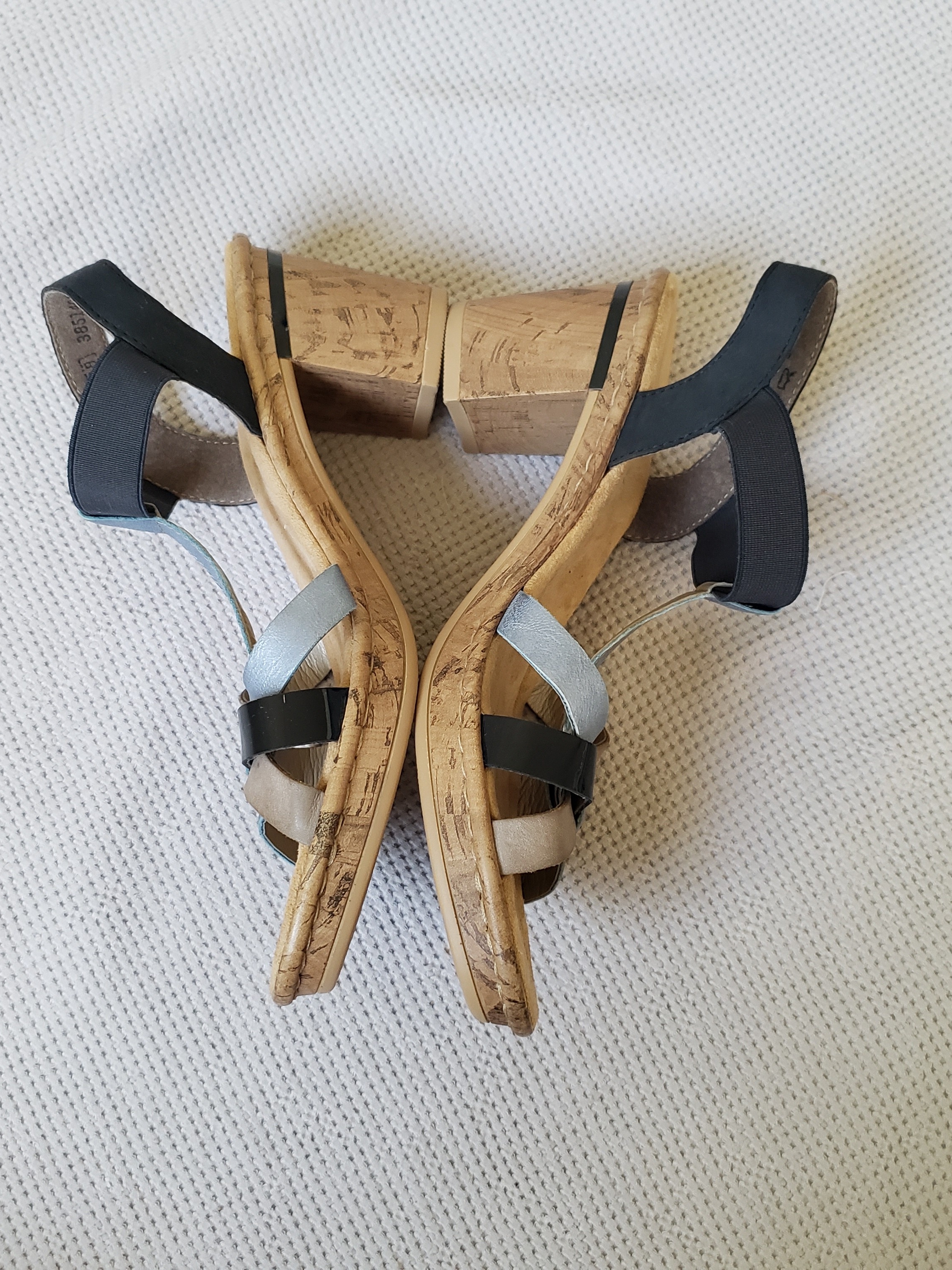 Rieker Antistress Womens 7.5 Black And Silver Strappy Cork Block Heel Sandals